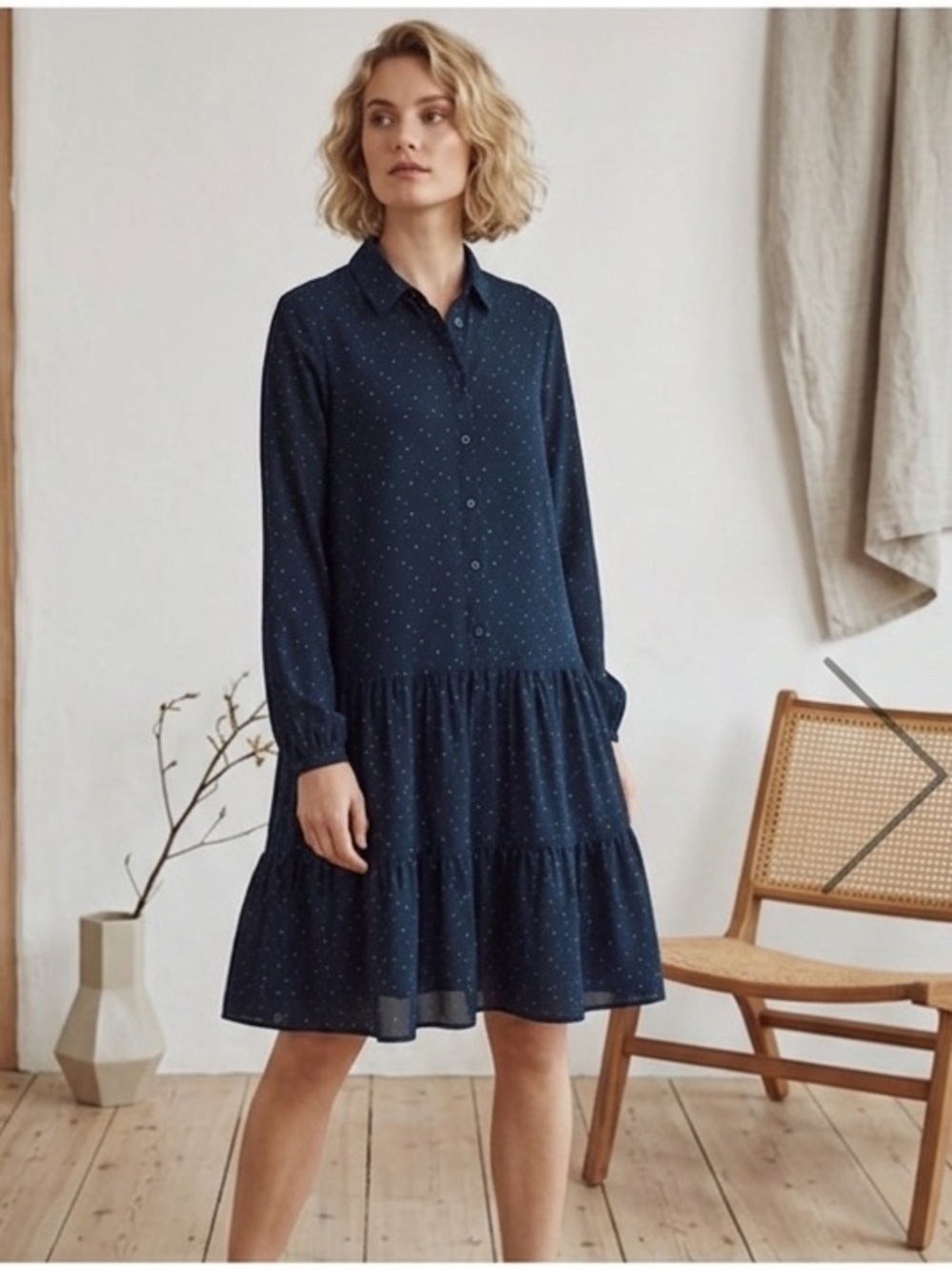 MSCH Copenhagen Janelle Dorena Dress. Navy  blue & green polka dots Size XS